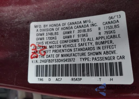 2013 Honda Civic Lx from USA, damaged, VIN 2HGFB2F53DH545972